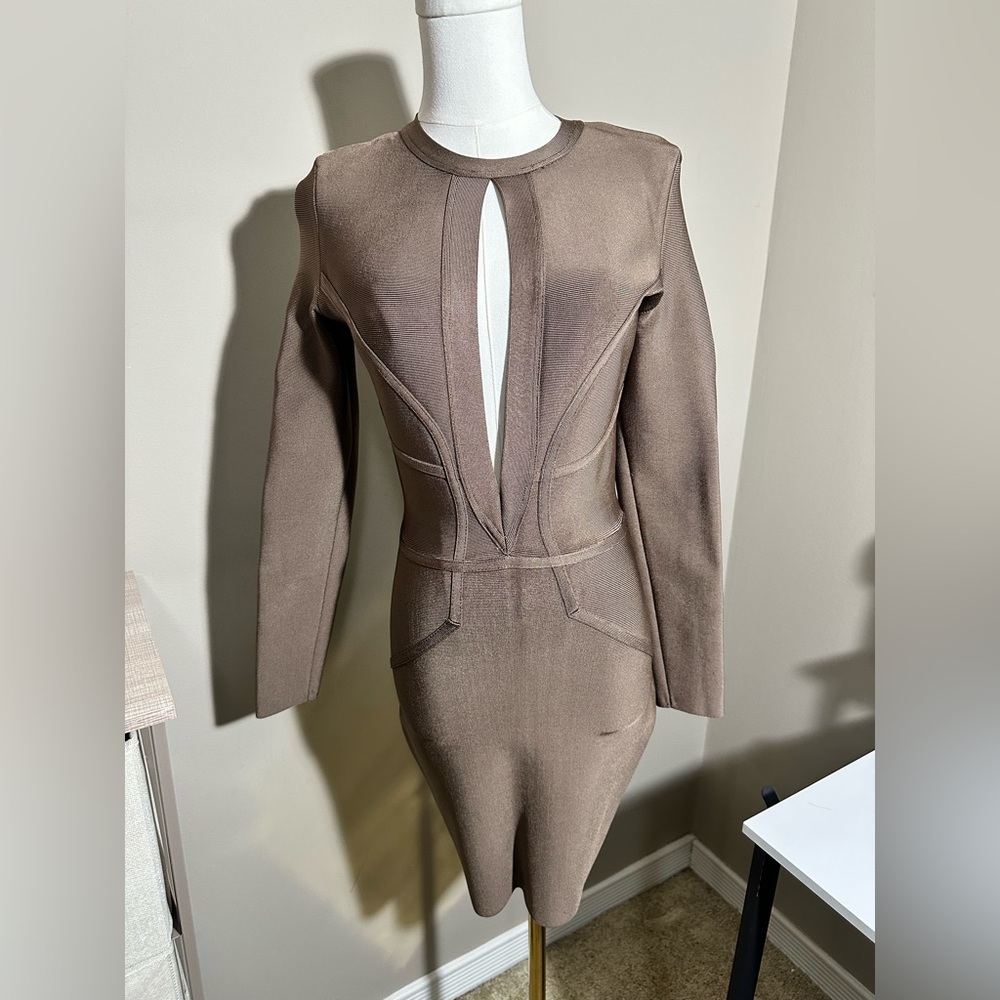 House of CB Taupe Keyhole Long Sleeve Dress